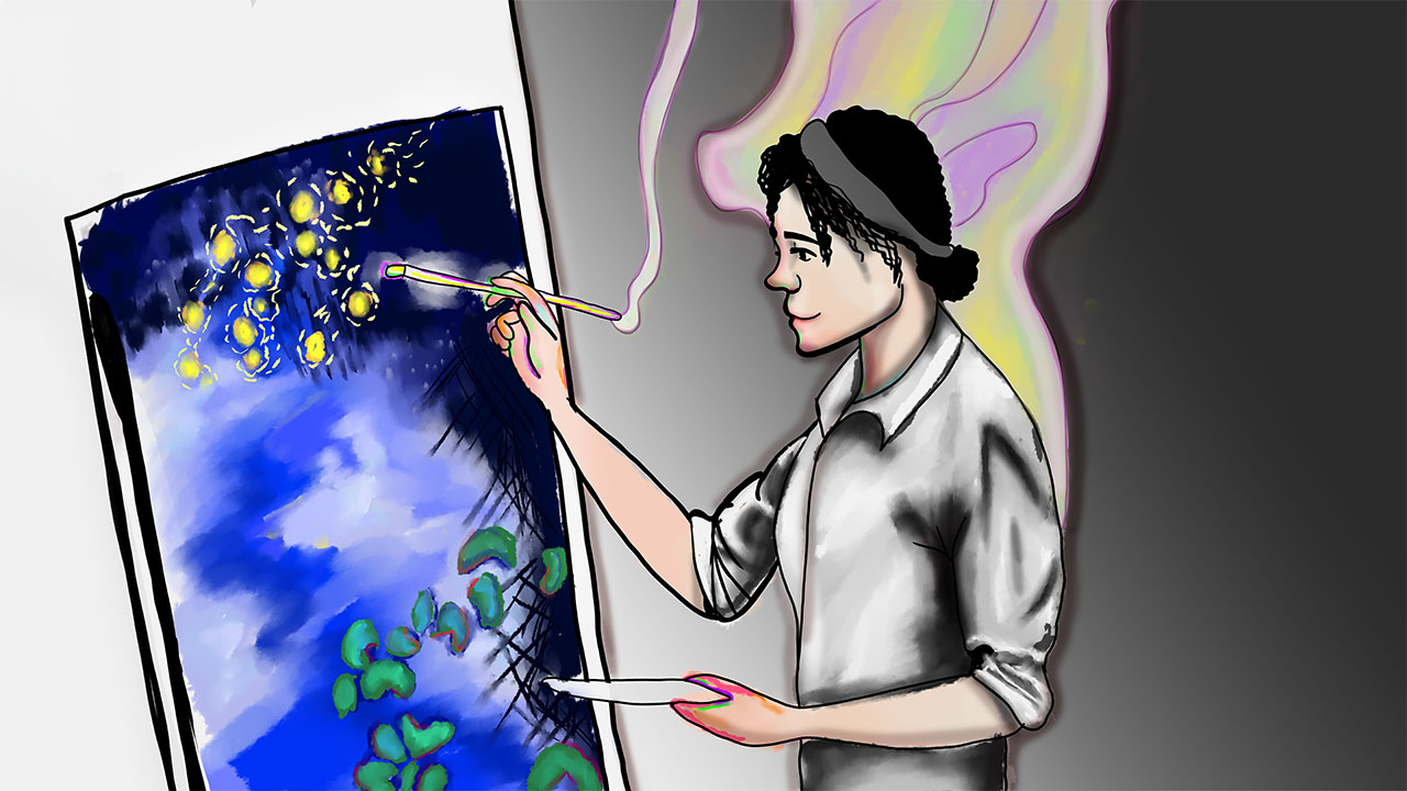An illustration of a person painting on a canvas